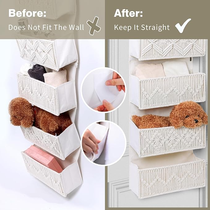 ANTIS'S HOME Over the Door Organizer Macrame Boho Nursery Storage with 5 Large Woven Pockets, Hanging Closet Basket for Bathroom or Nursery, Behind the Door Storage Organizer