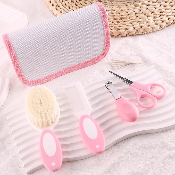 Baby Grooming Kit with Storage Pouch Baby Brush Soft Bristles 5 pcs-Infant Brush, Rounded Comb, Safety Scissors, Nail Clippers & Emery Board -Health Care Kit for Newborns & Toddlers Pink