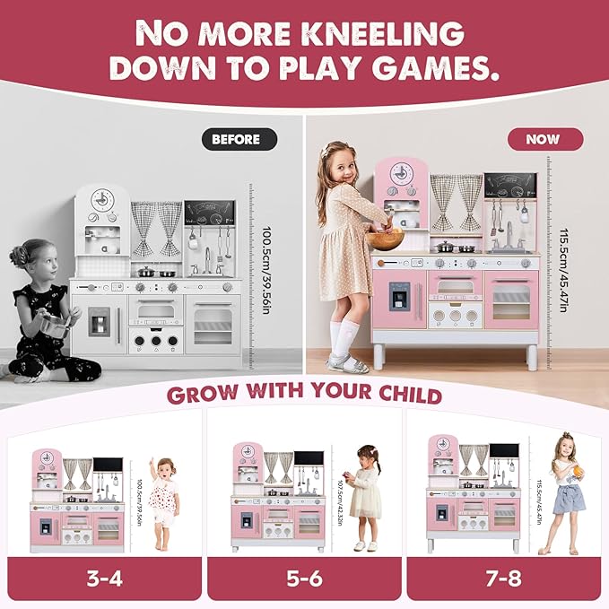 Kids Kitchen playset, Wooden Play Kitchen, Height Adjustable, Comes with Various Kitchen Accessories, Ideal Role Play Toy Gift for Toddlers and Kids Ages 3-8 (Pink)