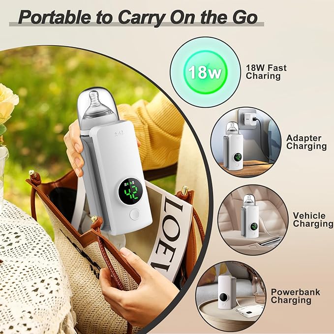 Portable Bottle Warmer,Travel-Friendly,Fast-Heating,Cordless & Rechargable,Baby Bottle Warmer,Comfortable Feeding Bottle Warmer on The Go,Precise Temperature