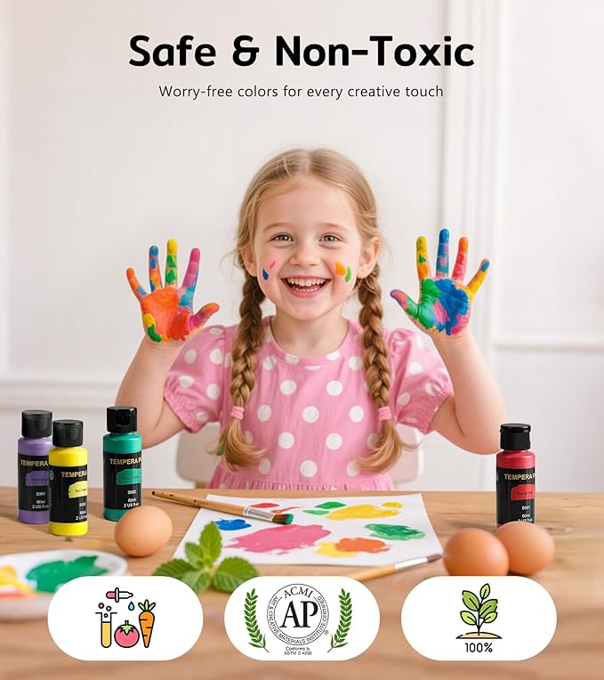 TMOL Washable Paint for Kids 12 Colors, Non-Toxic, Safe & Washable for Toddlers, Tempera Paint with Brushes, Palette & Bucket, School Project Art Supplies
