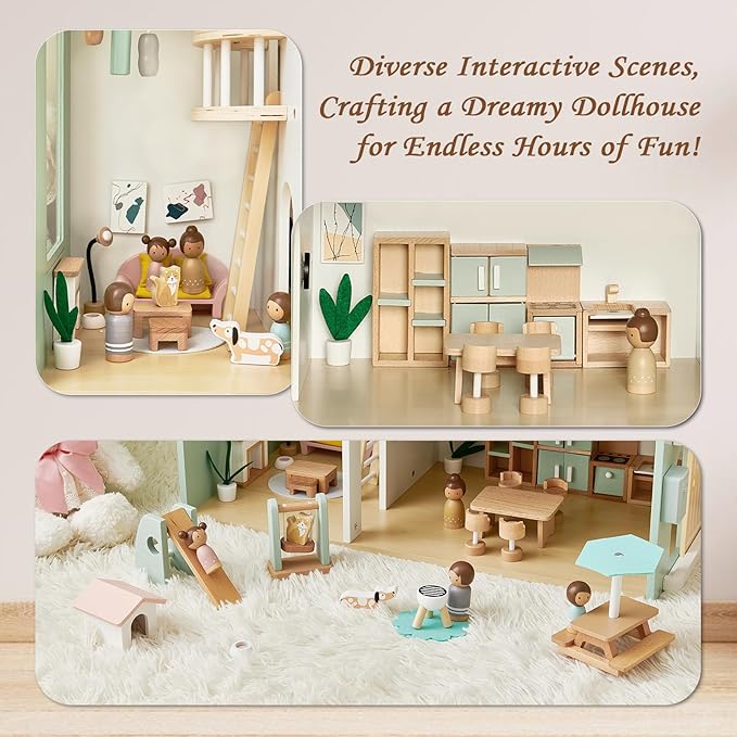 Wooden Dollhouse for Kids, Family Dollhouse with 53PCS Including Toy Figures, Furniture and Accessories, Ideal Gift for Kids Ages 3+