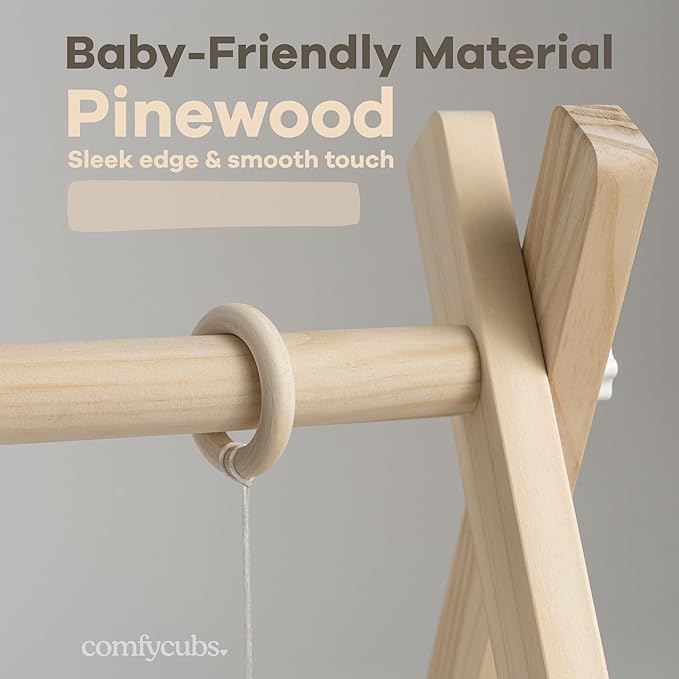 Comfy Cubs Wooden Baby Play Gym - Natural Finish Pinewood Baby Activity Gym with 5 Sensory Hanging Toys - Easy No-Tool Assembly, Safe and Durable for Infant Motor and Visual Development - Natural Wood