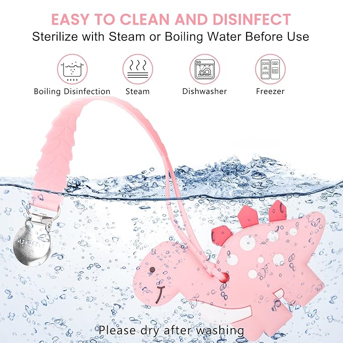 Teething Toys for Babies, Baby Teethers with Clip Silicone Teether Toys for Boys and Girls Infant Teething Relief Dinosaur Shape, Pink