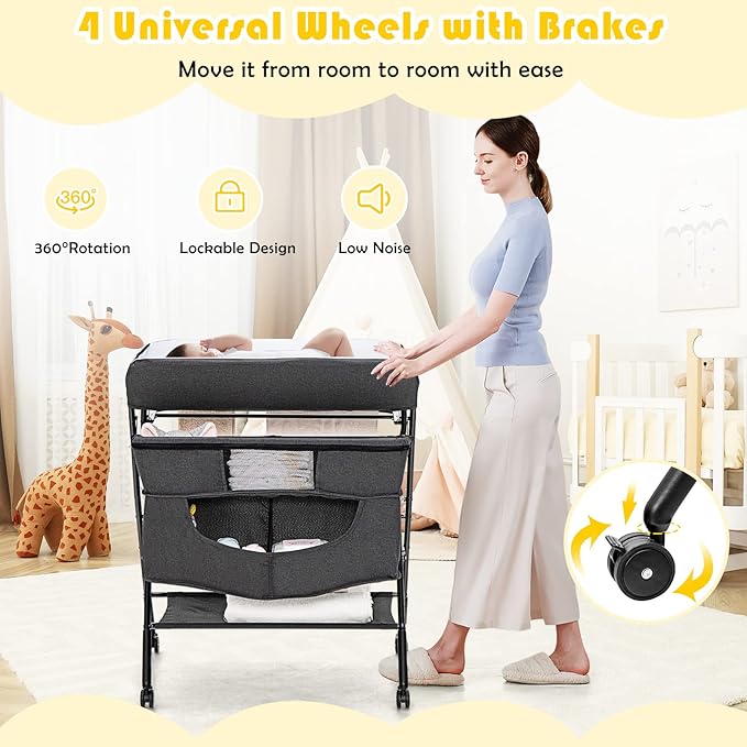 Costzon Baby Changing Table, Adjustable Height Portable Diaper Station w/Lockable Wheels, Safety Belt, Large Storage Rack & Bag, Folding Nursery Station for Infant Newborn (Black)
