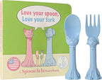 Made in USA Spoon la la Toddler Utensils Set (2 Pack) & Board Book - Spoon & Fork for Kids, Self-Standing 3D Ergonomic Cat & Dog Handles, BPA-free, Dishwasher Safe Baby Silverware (Blue)