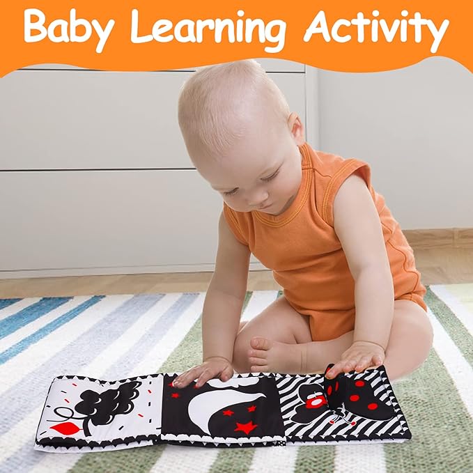 Thremhoo Black and White High Contrast Baby Toys 0-6 Months Soft Book for Brain Development, Tummy Time, Sensory, Montessori Learning Activities