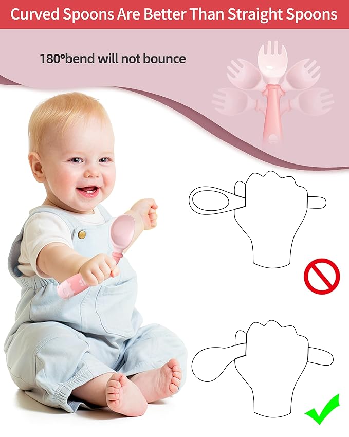 Deejoy Toddler Utensils with Travel Case, Baby Spoons and Forks Set for Self Feeding, Silicone Bendable Handle, Easy Grip Heat-Resistant, Self-feeding Flatware Sets for Kids (Stage 2) Pink