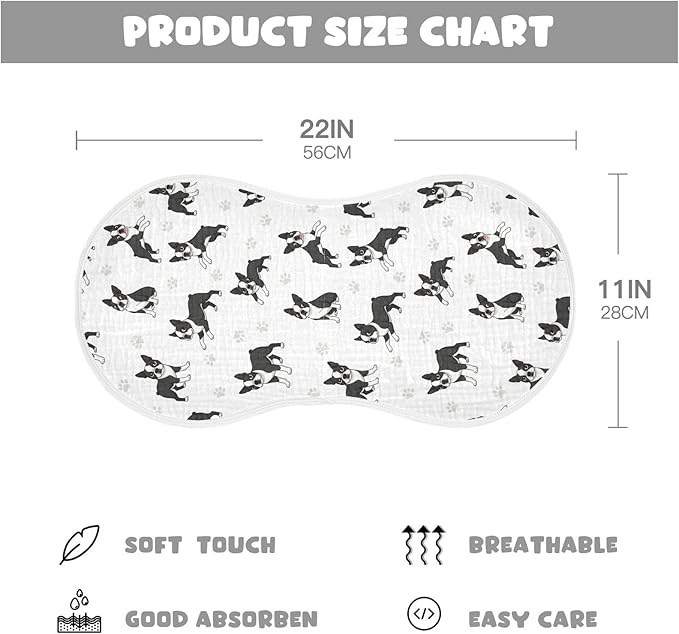 1 Pack Muslin Burp Cloths Boston Dogs Paw White Cotton Baby Burp Cloths Ultra Absorbent and Soft Spit Up Rags for Newborn Babies Boys Girls 22x11 Inch
