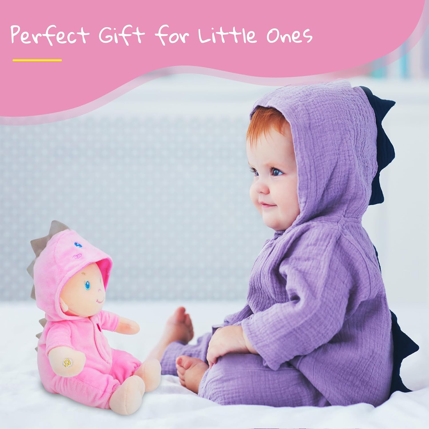 June Garden 12" Musical Sweet Dolly Dinopuff - Interactive Stuffed Ultra Soft Talking Baby Doll for Birth and Up - Removable Pink Dinosaur Outfit