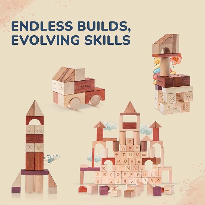 Hexagon Montessori Wooden Building Blocks – 86 Pieces FSC-Certified Beech | Alphabet & Number Blocks with Board Game, Storage Bag & 15-Challenge Guide | Stacking Toy for Kids Ages 3+