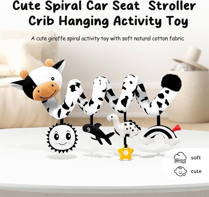 Spiral Car Seat Baby Toys 0-6 Months, Infant Carseat High Contrast Sensory Toys Hanging Stroller Accessories, Newborn Gifts for Baby Boys Girls Essentials, Cute Black and White Cow