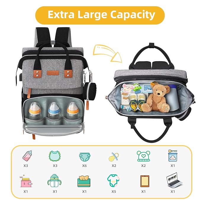 Diaper Bag Backpack with Changing Station, Multifunctional Diaper Bag, Extra Large Capacity, Baby Bag, GreyBlack