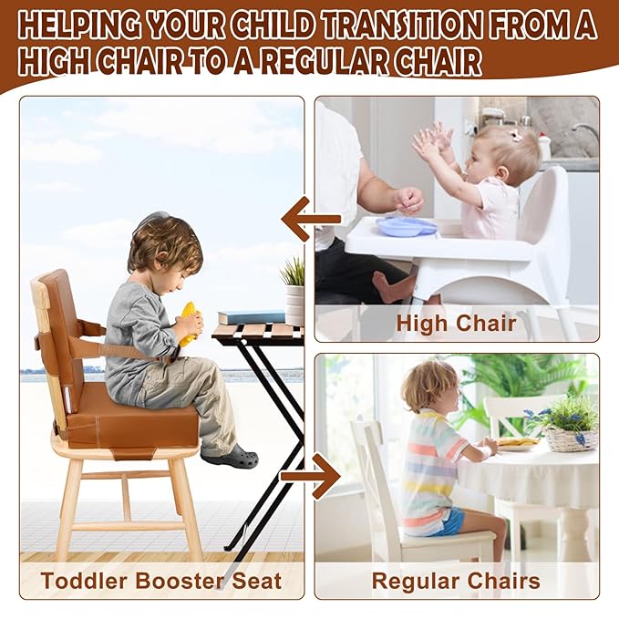 Toddler Booster Seat for Dining Table Kitchen Chair, Waterproof Non-Slip with Backrest & Adjustable Straps, Portable PU Travel Baby Kids Booster Seat Cushion
