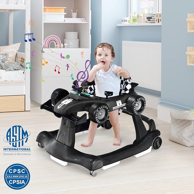 HONEY JOY 4-in-1 Baby Walker, Activity Push Walker w/3 Adjustable Heights, Smooth Wheels w/Adjustable Speed, Padded Seat, Music & Light, Foldable Car Walker for Baby Boys Girls Age 6 Months+ (Black)