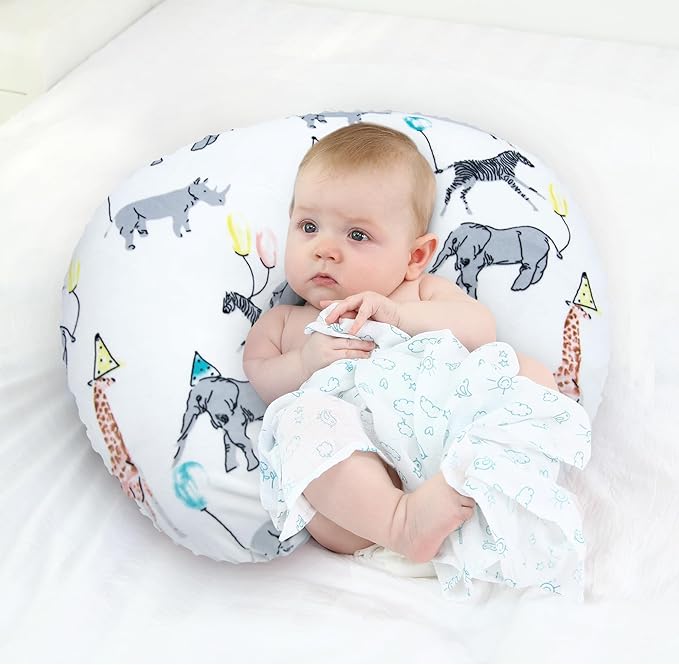 LAT Nursing Pillow for Breastfeeding with Removable Minky Cover,Ergonomic Breast Feeding Pillows for Mom and Baby,Machine Washable(Gray+Elephant)