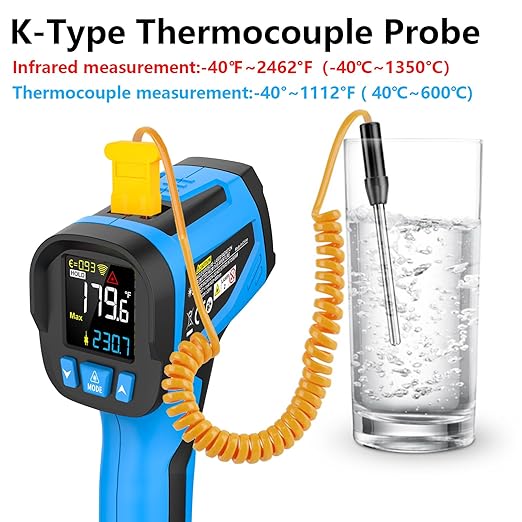Infrared Thermometer Temperature Gun, -40℉~2462℉, 30:1 Pyrometer High Temp Thermometer with K-Probe, Non-Contact Digital IR Laser Thermometer Temp Gun for Cooking, Engine, Kiln, Forging, HVAC
