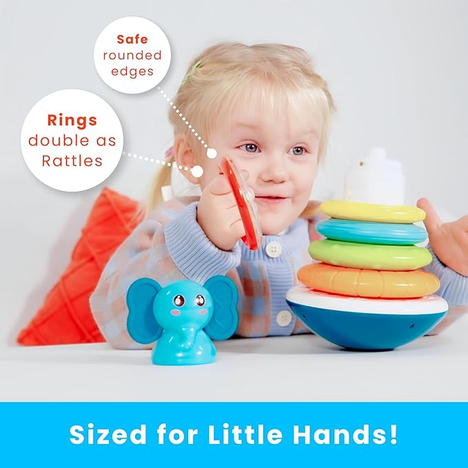 PlenPLAY Baby Tummy Time Toys - Musical Stacking Rings for Toddlers 1-3, Sensory Learning Toys with Elephant Themed Stackable Rings