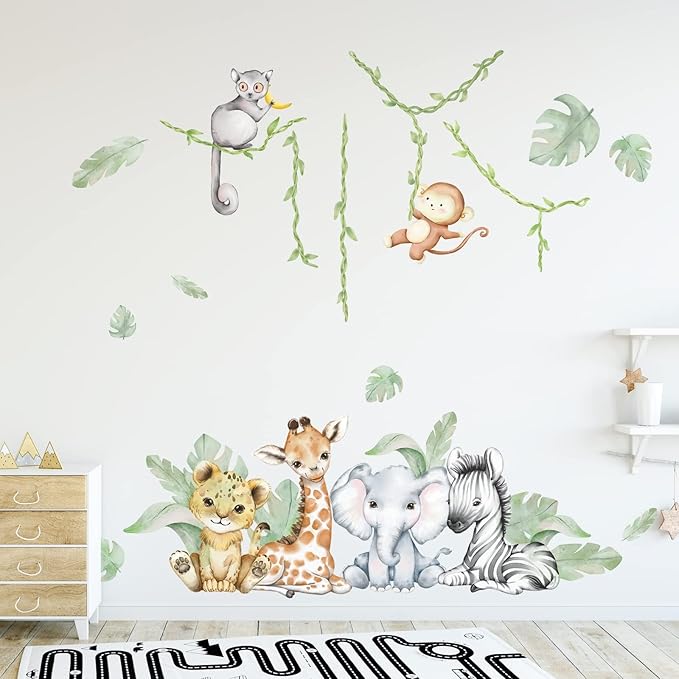 59.05x53.14 Inch Woodland Animals Wall Decals - Forest Animal Wall Decal with Elephant, Zebra, Monkey, Giraffe - Nursery Decor for Home, Baby Room, Boys & Girls Bedroom Art