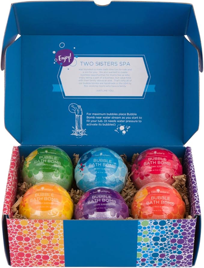 Kids Bath Bombs with Surprise Toys Inside (6 Pack) - Releases Color & Bubbles, Won’t Stain Tub, Moisturizing, Large Bubble Bomb, USA Made - Ideal Gift for Girls & Boys by Two Sisters