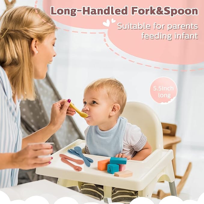 10 Pieces Baby Led Weaning Spoons and Forks Set Infant Silicone Spoon First Self Feed Baby training Utensils for Toddler First Stage Feeding Supplies for Kids Over 6 Months, 5 Pairs (Bright Colors)