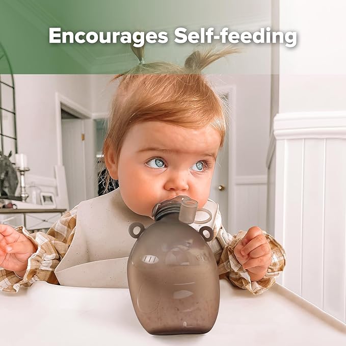 haakaa Happii Bear Silicone Goody Pouch Combo,Reusable Baby Food Pouches for Homemade Organic Purees, Juices, Smoothies, and Yogurt - Perfect for Toddlers and Kids - 2 Pack, 6oz+9oz