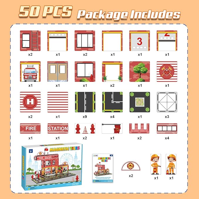Magnetic Tiles, 50PCS Fire Station Theme Building Blocks Set, Magnet Building Blocks and STEM Preschool Toys for Toddlers Kids Ages 3-5 5-7 8-10