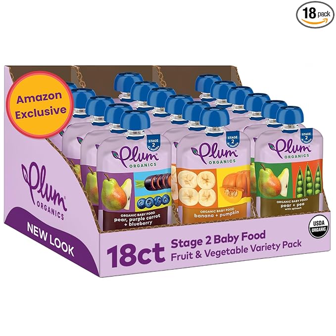 Plum Organics Variety Pack, 6+ Months – Fruit and Veggie Adventure Pack – Organic Baby Food Pouches, 4 oz Pouch, Pack of 18 (Amazon Exclusive)