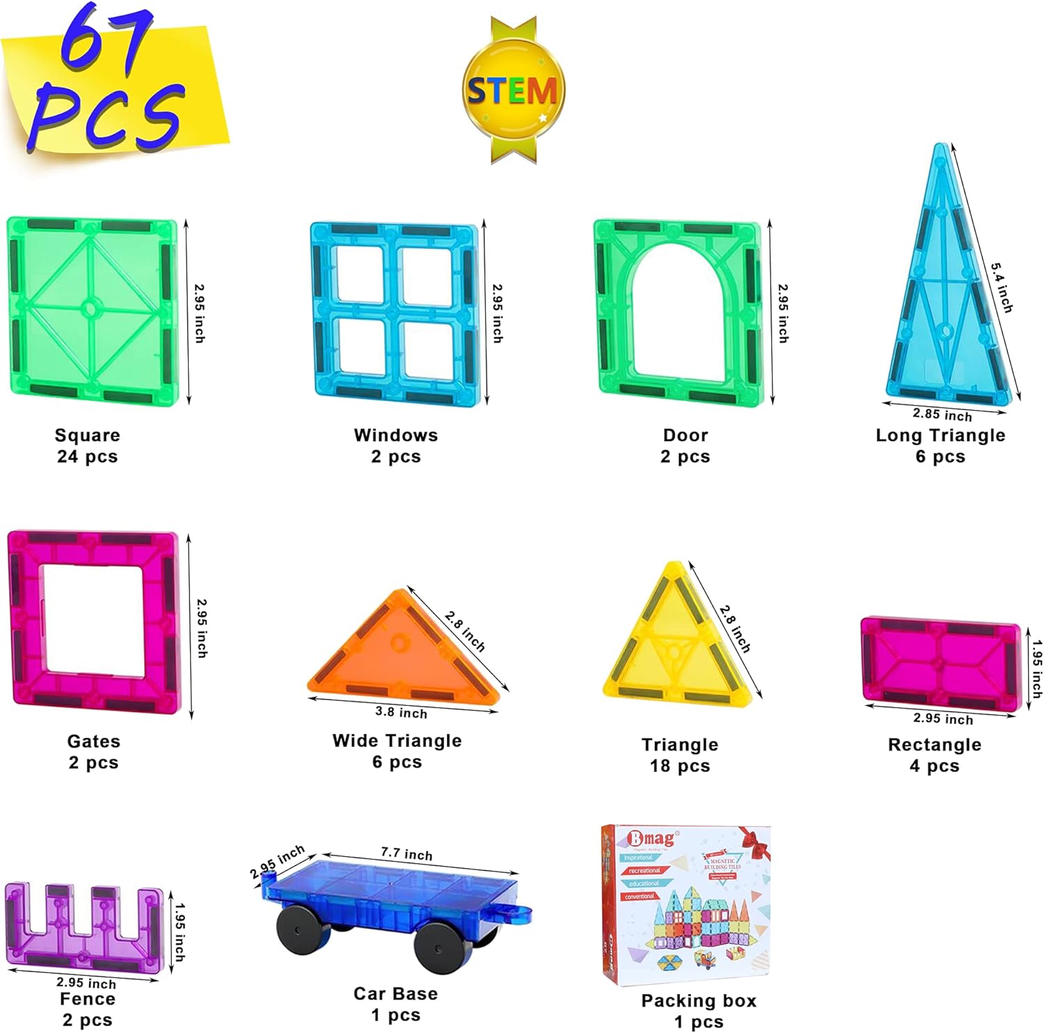 Bmag Magnetic Tiles, 67 PCS with 1 Car Building Blocks for Toddlers, 3D Magnet, STEM Educational Learning Building Blocks for Kids Children, Stacking Montessori Toys Gifts for Boys Girls