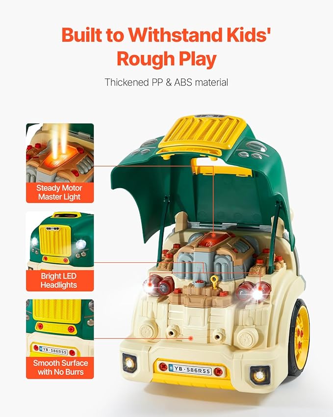 VEVOR Engine Toy, 60 Pieces, Kids Mechanic Car Repair Set with Removable Parts, Lights and Sounds, Steering Wheel and Horn, Kids Mechanic Workshop Set for Toddler Ages 3 Years and Up, Green