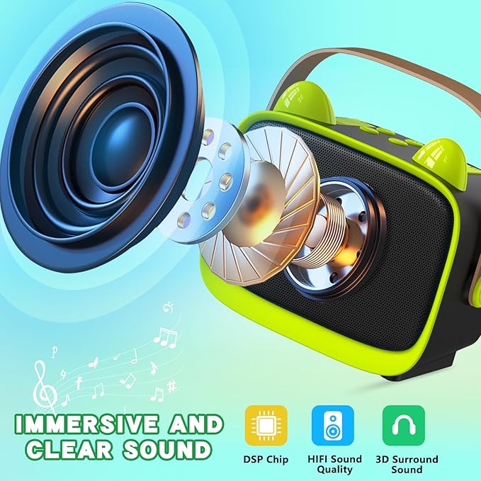 Mgaolo Upgraded Mini Karaoke Machine Toy for Kids, Portable Bluetooth Speaker with 2 Wireless Mics, Emoji & Colorful LED Lights, Home Travel & Party Play Gifts for Boys Girls (Green)