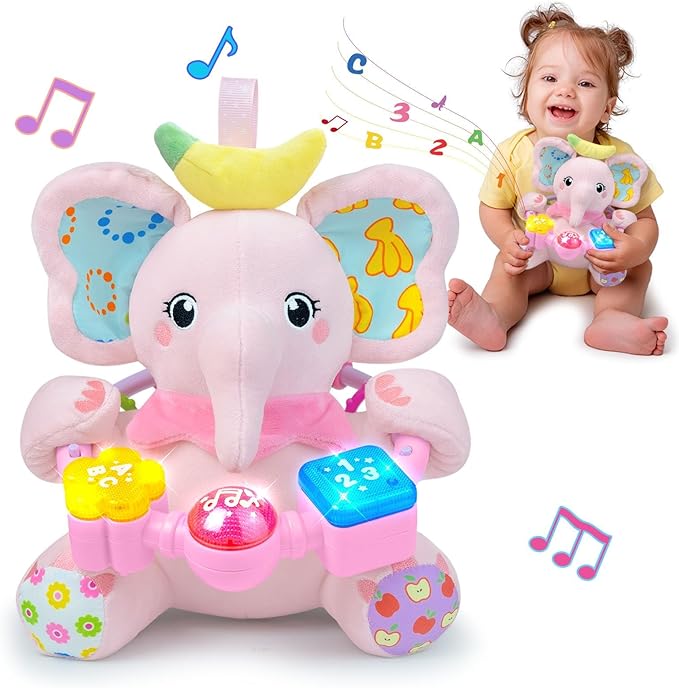 Baby Elephant Musical Stuffed Animals Toy with Light-Up Music & Crinkle Sound Paper,Infant Bilingual Early Learning Education Toys,Tummy Time Toys for 0-3-6-12+ Months Boy Girl, Pink