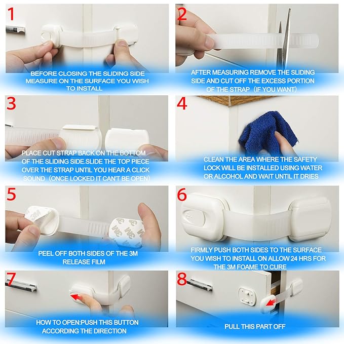 Goodv Child Safety Cabinet Locks - (10 Pack) Baby Proofing Latches to Drawer Door Fridge Oven Toilet Seat Kitchen Cupboard Appliance Trash Can with 3M Adhesive - Adjustable Strap No Drill No Tool