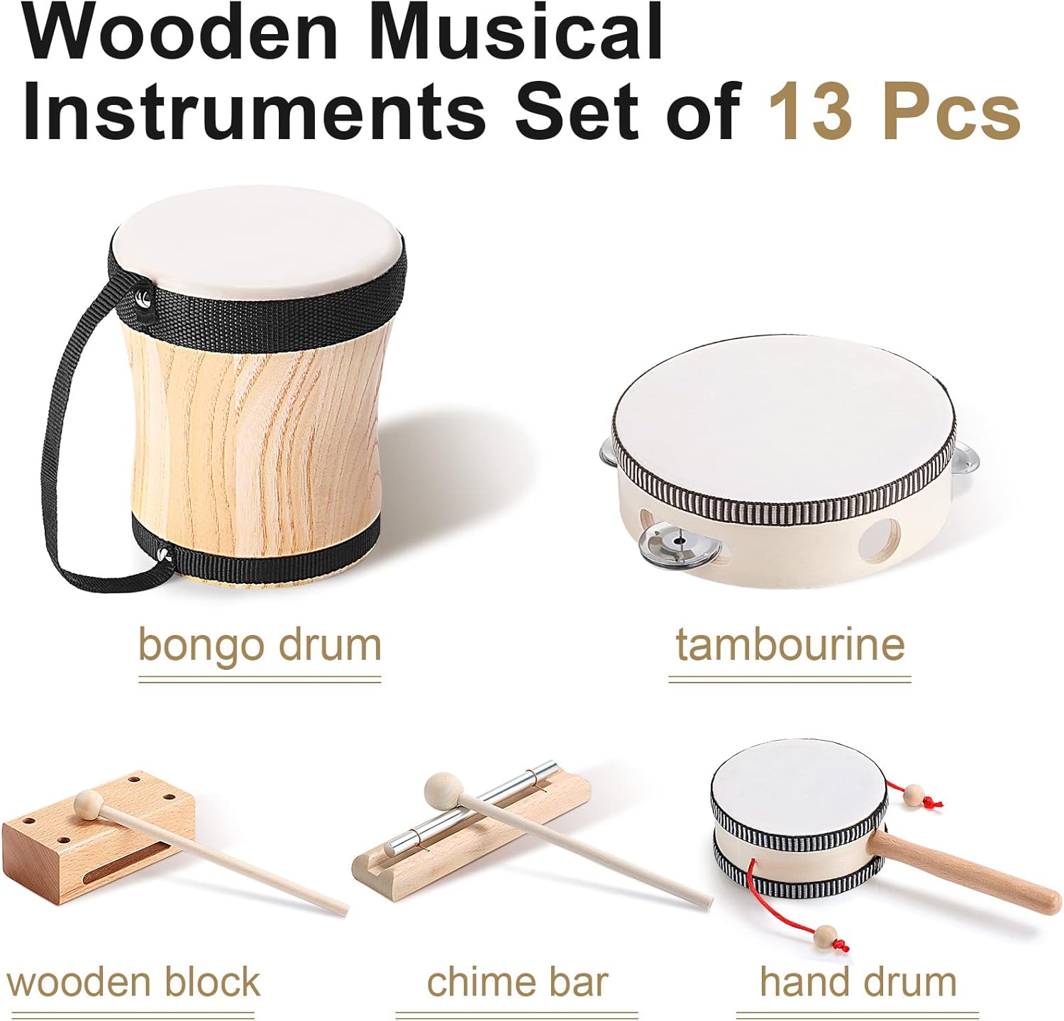 Chumia Toddler Musical Instruments Set 13 Pcs Montessori Wooden Percussion Instruments with Drum Preschool Educational Baby Early Learning Music Toys Set for Little Boys Girls Kids Children Gifts