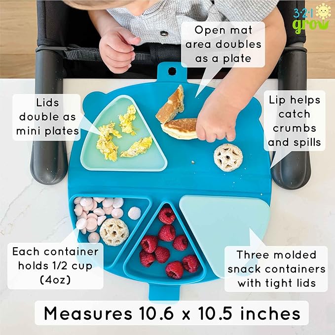 Silicone On-The-Go Snack Mat – Foldable Reusable Placemat with 3 Compartments and Lids – Travel-Friendly Baby and Toddler Snack Plate – Dishwasher Safe (Plum)