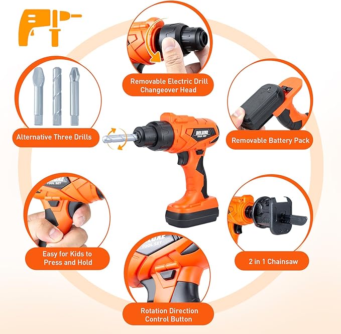 Kids Tool Bench-Zealous 79pcs Transformable Set, Toddler Workbench Toy with Electric Drill, Pretend Construction Playset for Boys Girls Age 3+, Orange & Black, HB3222-3