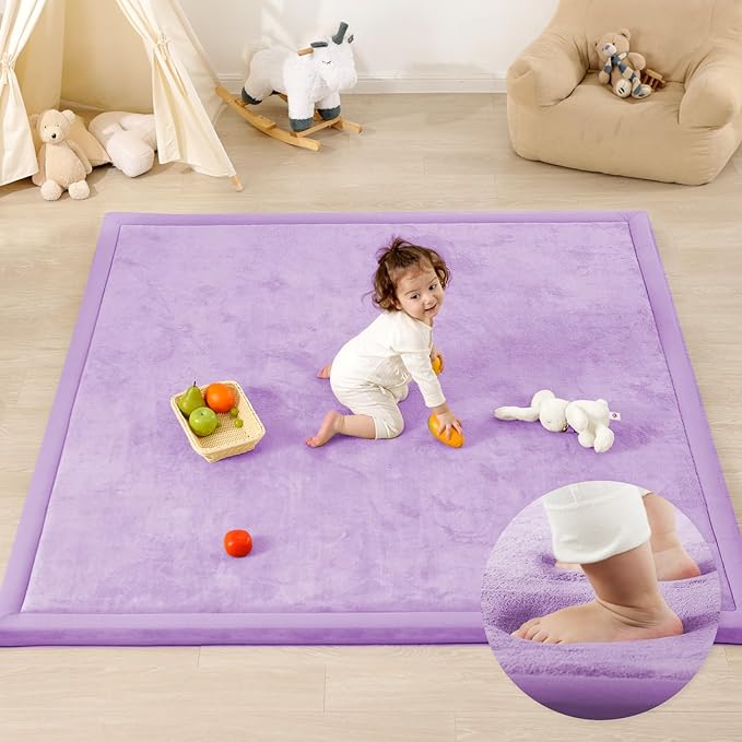 1.3" Thick Baby Play Mat for Floor Playpen, 50x50 Foam Tummy Time Mat, Padded Support Soft Plush Nursery Rug for Infant Kids Toddler Crawling Kick Activity (Lavender)