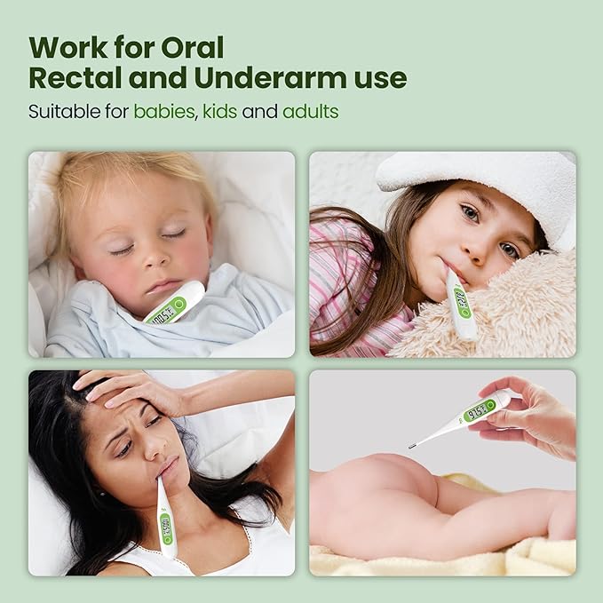 Femometer Thermometer for Adults and Kids, Digital Thermometer with Fever Alert, Memory Recall, C/F Switchable, for Oral, Rectal or Under Arm Use, Green