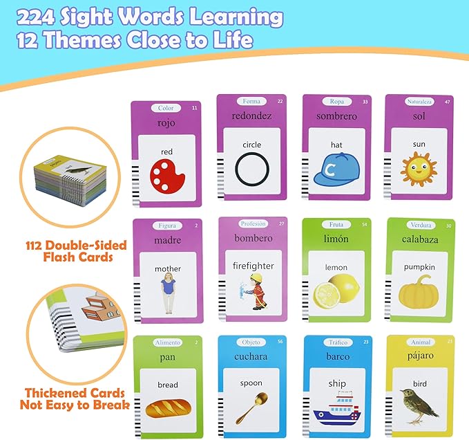 MAYAPHILOS Spanish and English Pocket Speech Therapy Toys with 224 Sight Words, Bilingual Flashcards for Preschool Learning, Gifts for Toddlers