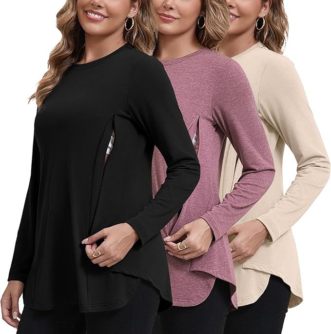 GINKANA Women's Nursing Shirts Long Sleeve 3 Packs Hidden Zipper Breastfeeding Pumping Tops Side Split Maternity Clothes