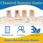 Upgraded Rummy Cube Game Set 4 Players with 4 Wooden Holders and 108 Rummy Melamine Tiles, Travel Family Board Game for Adults and Kids