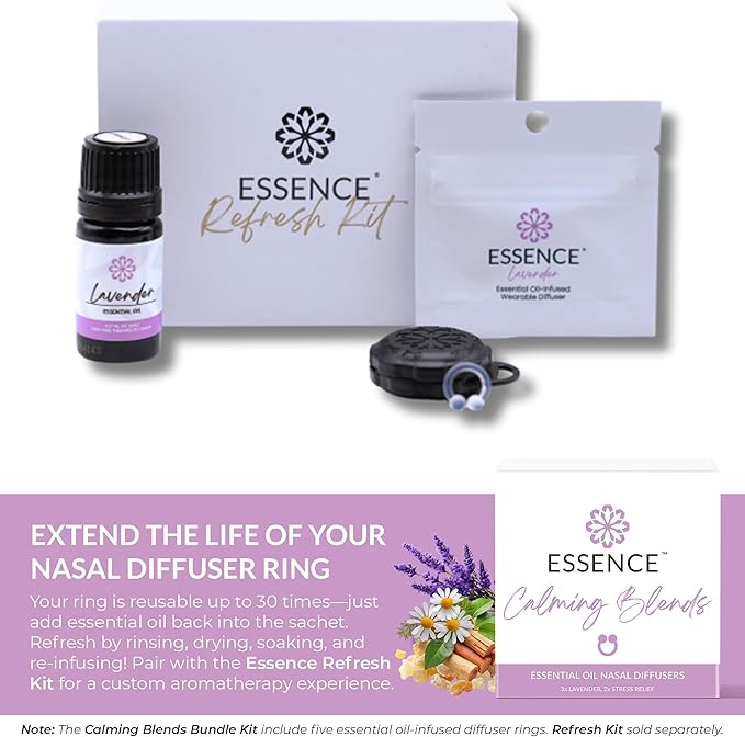 Essence Nasal Diffuser Calming Bundle – Aromatherapy Essential Oil Silicone Nose Rings for Stress & Sleep Support – Wearable Lavender & Stress Relief Blends for Relaxation & Nighttime Use