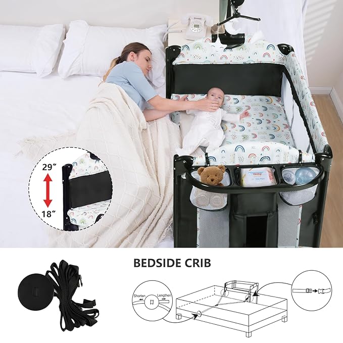 Kinder King 4 in 1 Portable Baby Playard, Foldable Baby Bedside Crib w/Bassinet, Infant Pack and Play Playard Toddler Large Playpen, Newborn Changing Table, Storage Basket,Multicolour