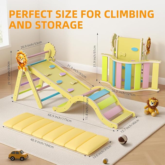 Pikler Triangle Set with Cushion, 7-in-1 Indoor Climbing Toys for Kids, Wooden Montessori Climbing Set for Toddlers Montessori Toys