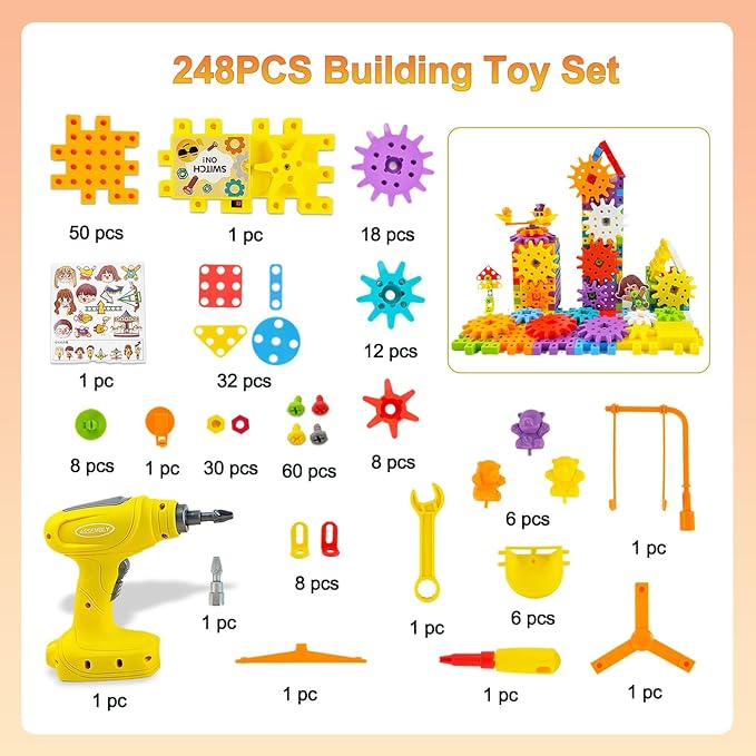 248PCS STEM Building Toys, Electric Gear Building Blocks Toys Set with Drill, Montessori Toddler Screw Toy, Kids Tool Set Construction Toy for Boys Girls Ages 4-8