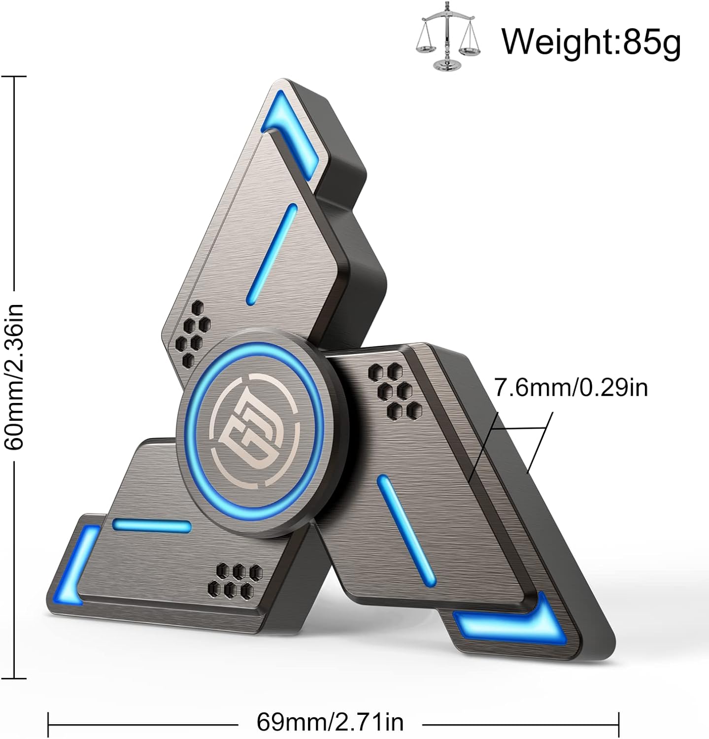 ATESSON Fidget Spinners Toy,3 to 5 min Spins,Gray Metal with Blue Luminous High Speed Bearing, Metal Material Hand Spinner,Stress Relief Anxiety Boredom Desk Toys for Adults and Kids