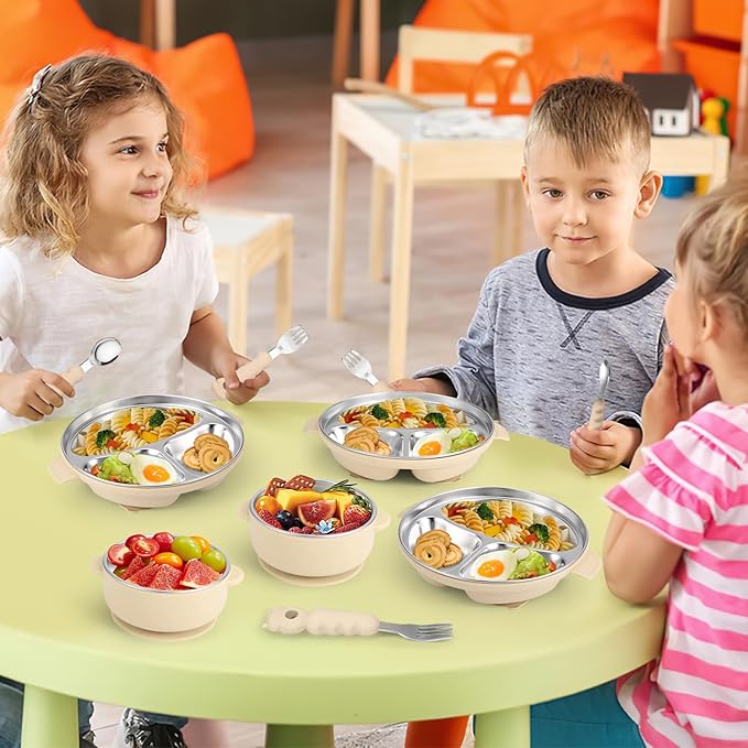Stainless Steel Baby Plate and Bowl with Suction, Baby Bowl and Divided Kids Toddler Plate with Removable Silicone Shell, Non-Slip Toddler Baby Feeding Set, Forks + Spoons Included-Cream