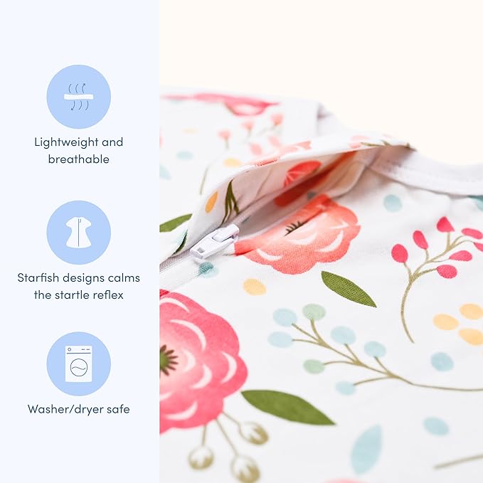 SleepingBaby Zipadee-Zip Transition Swaddle - Cozy Baby Swaddle Blanket with Zipper Convenience - Roomy Wearable Blanket for Easy Diaper Changes - Pretty Poppy, X-Small (3-6 Month)