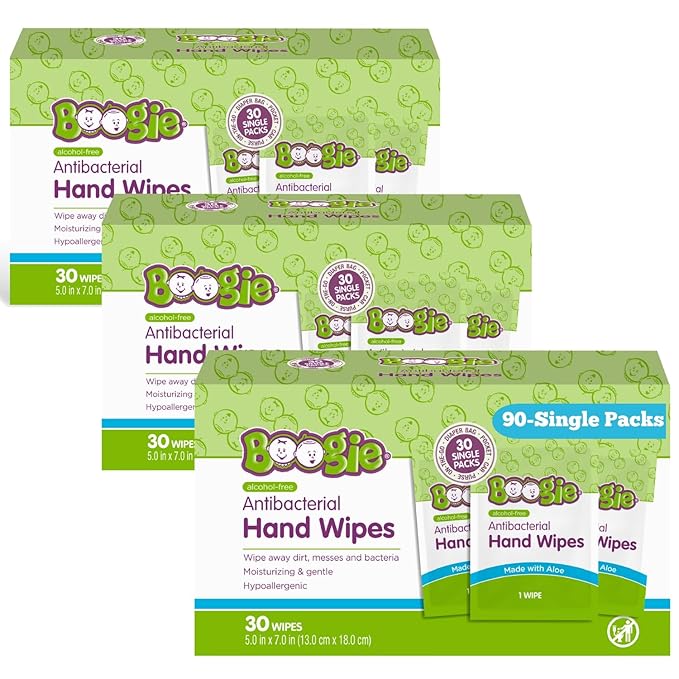 Antibacterial Hand Wipes by Boogie, Alcohol Free, Hypoallergenic and Moisturizing Aloe, Hand Wipes for Kids and Adults, Single Packs, 30 Wipes (Pack of 3)