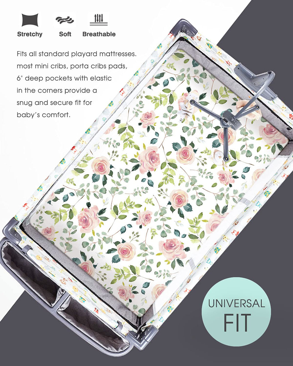 GRSSDER Stretchy Ultra Soft Jersey Knit Fitted Pack n Play Sheets Set 2 Pack, Portable/Mini Crib Sheets, Snug and Safe Playards Sheet for Baby, Pink Rose Stylish Print